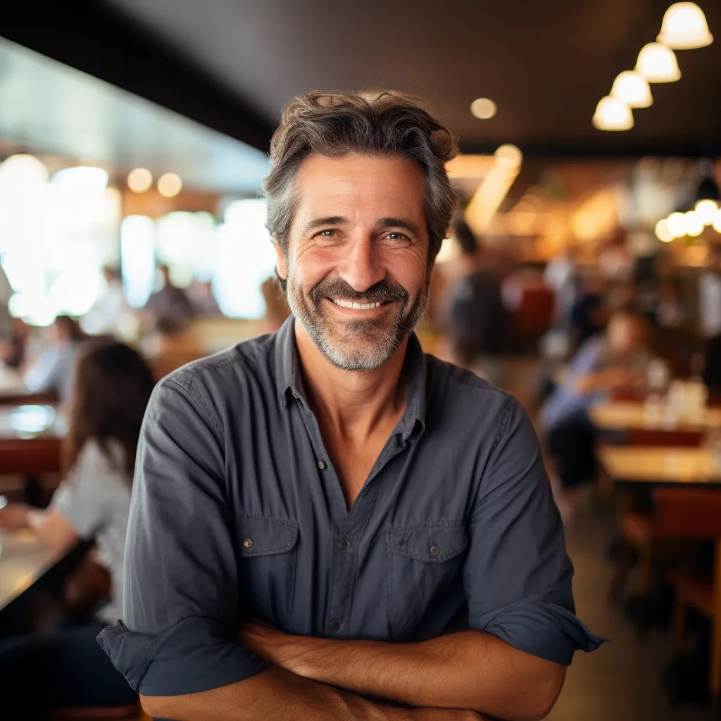 Consultor de Inteligencia Artificial de Inteltur en un restaurante concurrido de Barcelona.