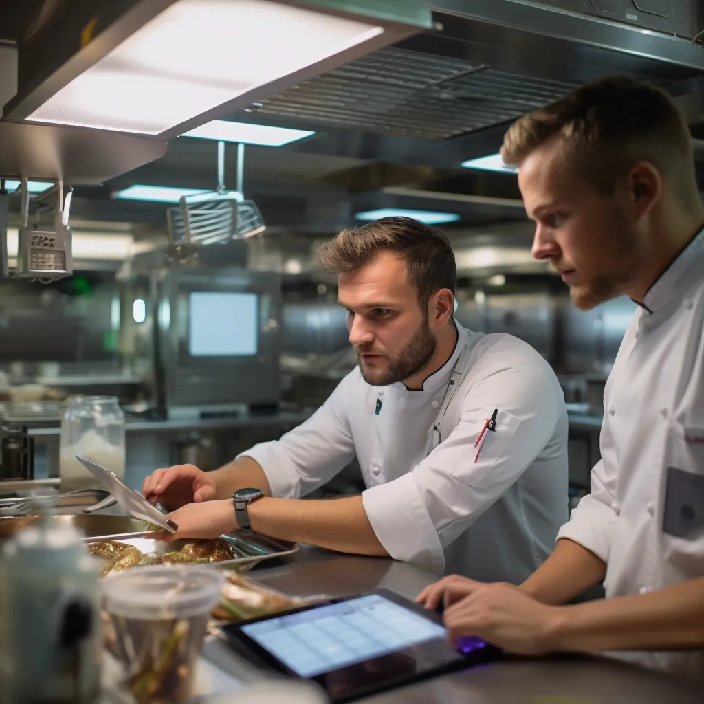 Chef impartiendo una formación sobre Inteligencia Artificial en la cocina de un restaurante.